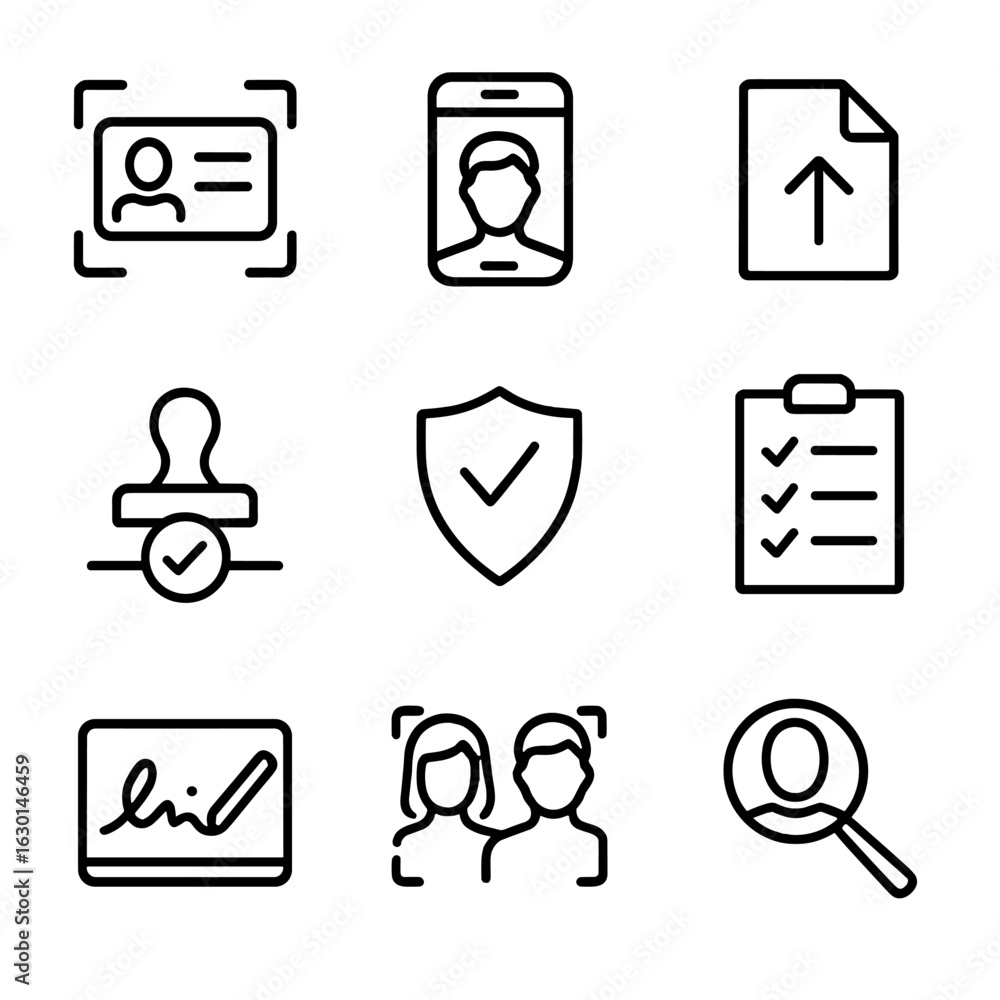 Poster user verification icons. outline icon set of user verification: id card scan, selfie capture, docume