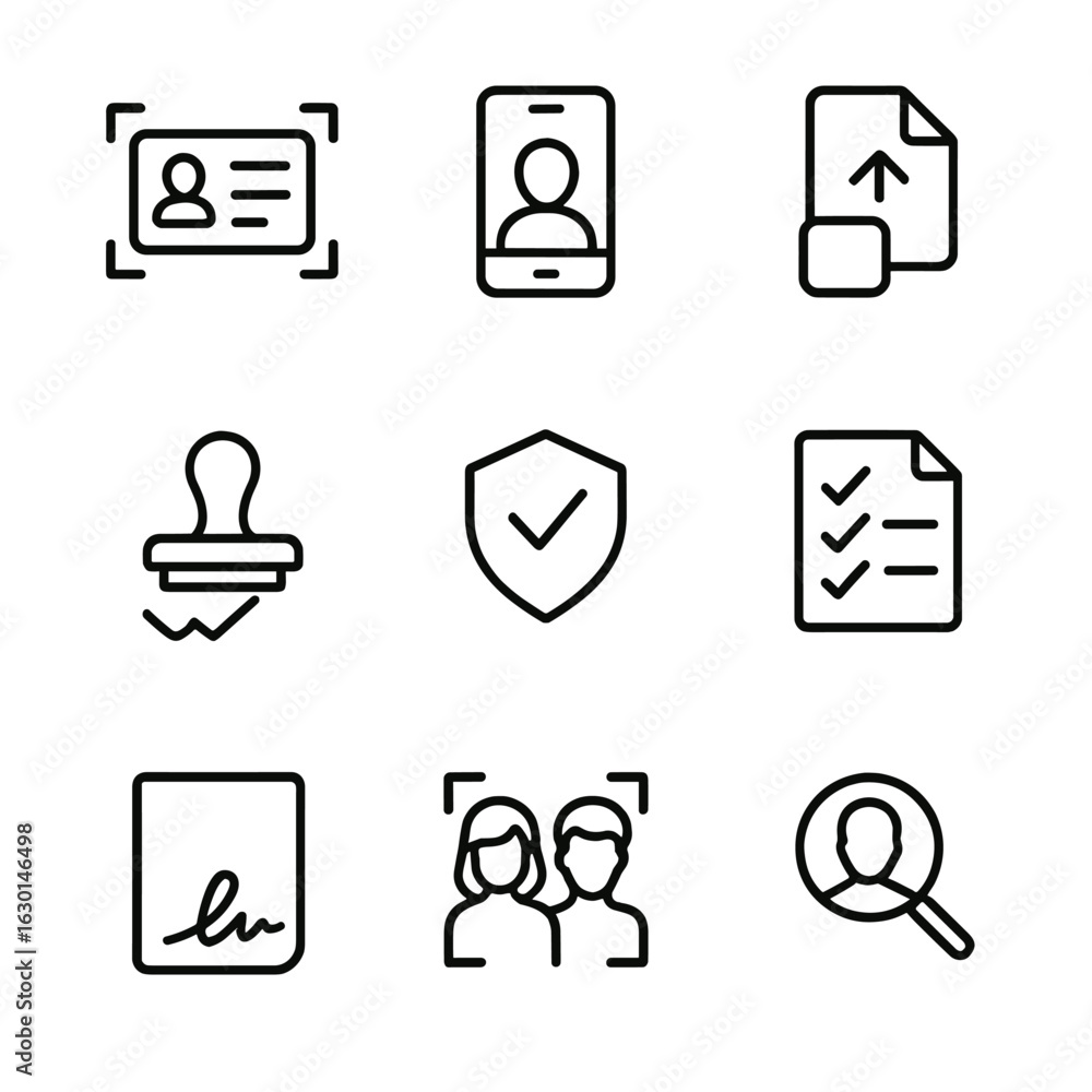 Poster user verification icons. outline icon set of user verification: id card scan, selfie capture, docume