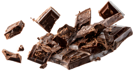 Chunks and pieces of broken dark chocolate bar isolated on white background, rich in texture and detail, perfect for dessert concepts, food photography, packaging, and confectionery designs


