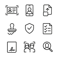 User Verification Icons. Outline icon set of user verification: ID card scan, selfie capture, document upload, approval stamp,