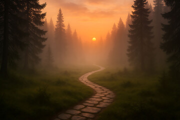 Fototapeta premium Mysterious stone trail winds through a foggy and ethereal forest landscape towards the glowing light of a distant setting sun inviting a secret new journey.