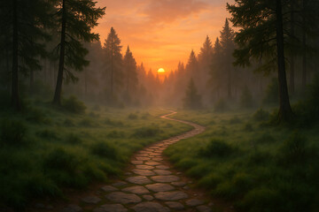 Winding stone path leads through a magical misty forest of tall pine trees towards a beautiful warm sunset creating a scene of peaceful adventure.