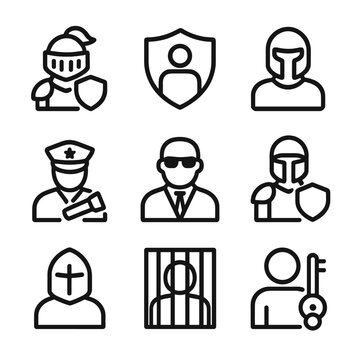 Guardian Roles Icons. Outline icon set of guardian roles: knight, protector, sentinel, watchman, bodyguard, defender, paladin,