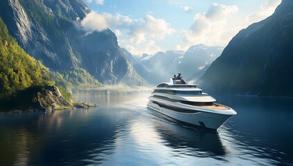 Luxury cruise ship navigates through a majestic norwegian fjord with steep mountains