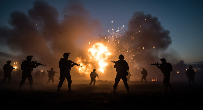 Silhouetted soldiers in combat with a massive explosion, showcasing soldiers in combat with rifles. The powerful soldiers in combat demonstrate the intensity of battle, with debris flying,