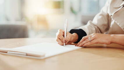 Signature, documents and hands of business woman in office for deal, contract and agreement....