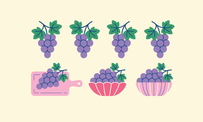 Clusters of fresh purple grapes with green leaves, some on a pink cutting board and in striped bowls. Minimalist vector illustration on beige background.

