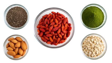 Superfoods Collection in Glass Bowls Isolated on White