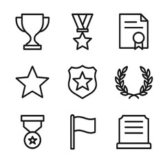 Veteran Achievement Icons. Outline icon set of veteran achievements: trophy, medal, certificate, star, badge, laurel wreath,