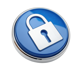 Metallic blue security button with padlock icon symbolizing privacy protection data security digital safety and access control isolated on clean transparent background in PNG