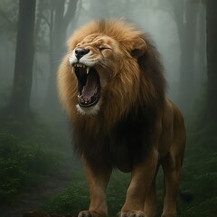 Naklejka premium A majestic male lion roars powerfully in the heart of a misty forest. The thick fog weaves through the tall trees, creating a dramatic and wild atmosphere. Captured in a photoreal