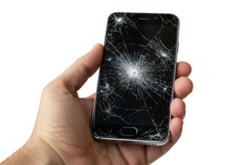 Hand holding a smartphone with a cracked screen isolated on transparent background