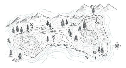 Hand-drawn mountain map with topographic lines and hiking trail