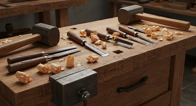 Woodworking Tools and Wood Shavings on Rustic Workbench in Workshop