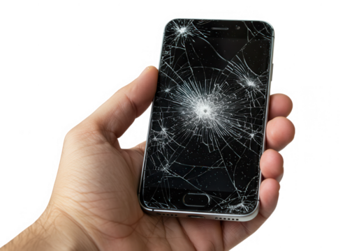 Hand holding a smartphone with a cracked screen isolated on transparent background