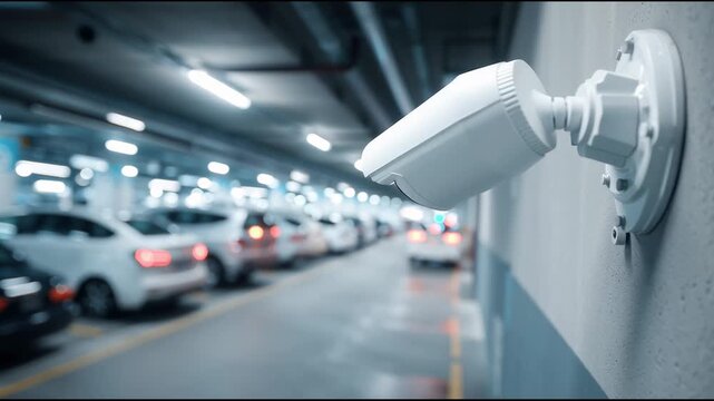 Surveillance camera monitoring an underground parking garage. Perfect for footage about security systems, urban surveillance, parking protection, crime prevention, and smart city infrastructure.
