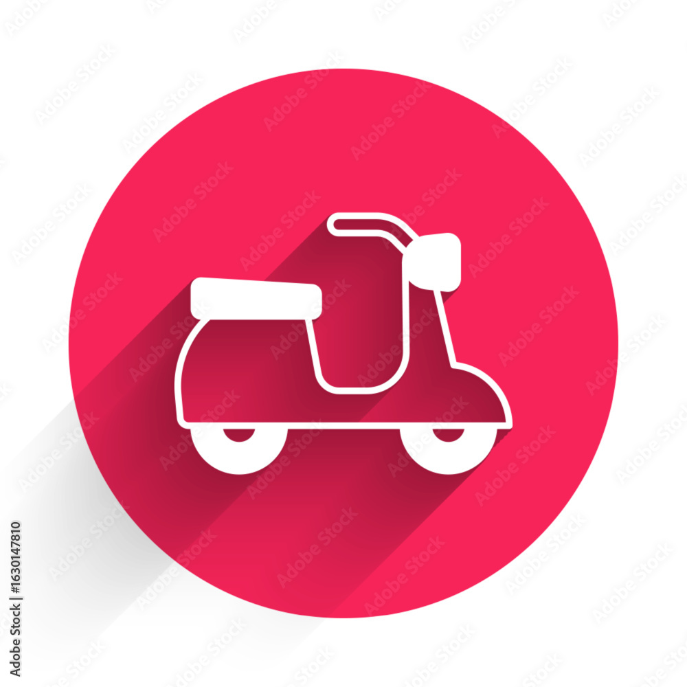 Poster white scooter icon isolated with long shadow background. red circle button. vector