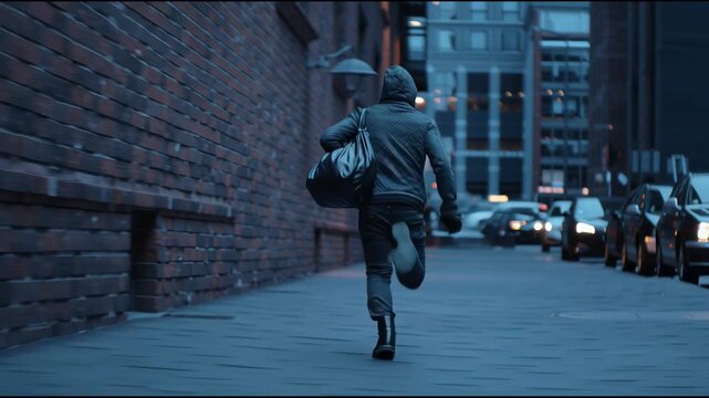 Man running away in urban alley at dusk with bag in hand. Suspenseful scene ideal for crime, action, thriller, danger, or cinematic storytelling content.