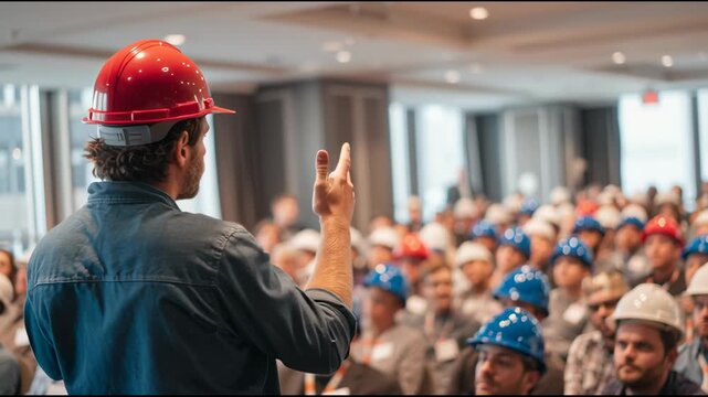 Workers in hard hats gathered together in solidarity, cheering during labor rally or protest. Ideal for footage about labor rights, unions, teamwork, or industrial action.