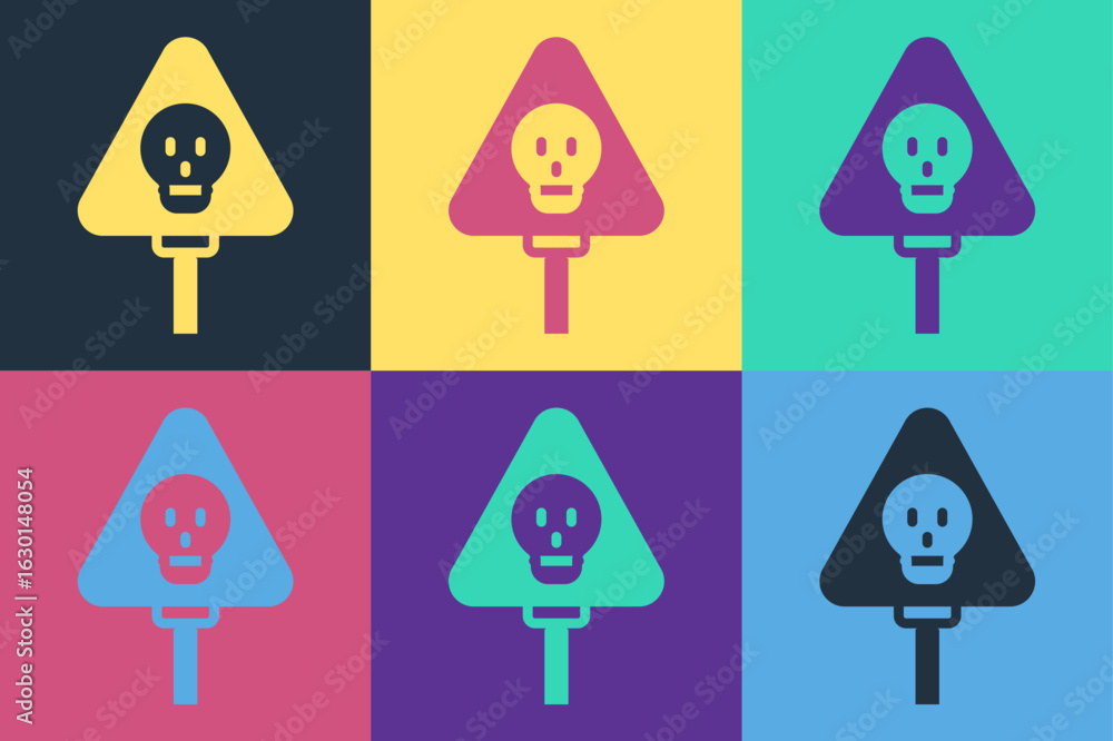 Poster pop art bones and skull as a sign of toxicity warning icon isolated on color background. vector