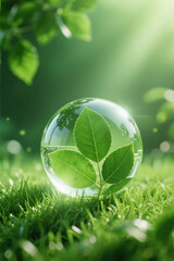 A clear glass sphere containing a green leaf, resting on grass with sunlight filtering through leaves in the background.