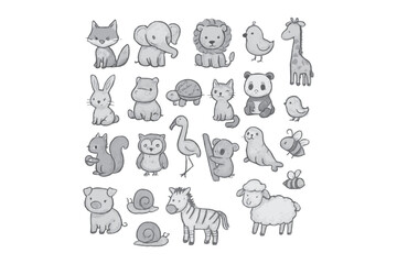 Collection of cute cartoon animal illustrations in a playful style isolated on white background silhouette.