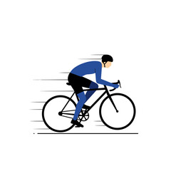 Fototapeta premium A cyclist wearing a blue jersey and helmet rides a road bike at speed, depicted with motion lines.