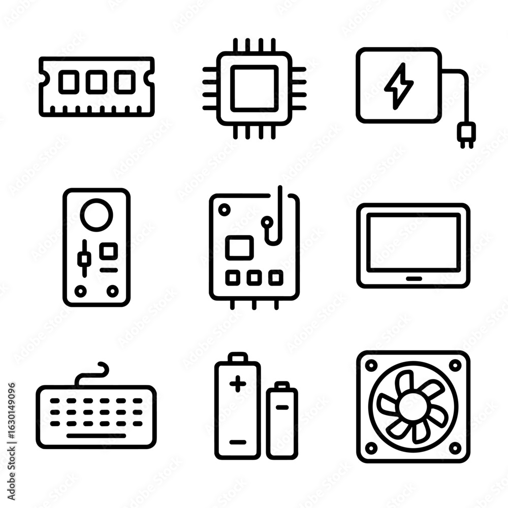 Poster hardware module icons. outline icon set of hardware modules: memory module, processor module, power 