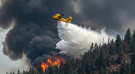 Firefighting plane dropping water over forest fire. Firefighting plane uses water to extinguish flames during wildfire, providing suppression for the surrounding wilderness and reducing smoke.