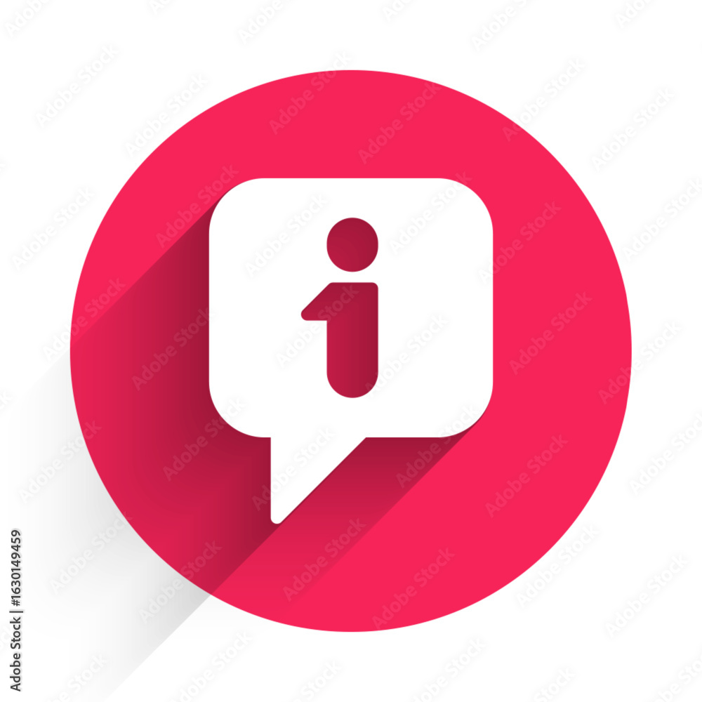 Poster white information icon isolated with long shadow background. red circle button. vector