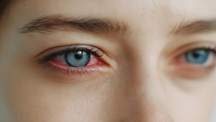 Obraz premium Close-up of irritated, red eyes with visible blood vessels. Concept of eye pain, fatigue, allergy, infection, or dry eyes.