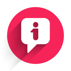 White Information icon isolated with long shadow background. Red circle button. Vector