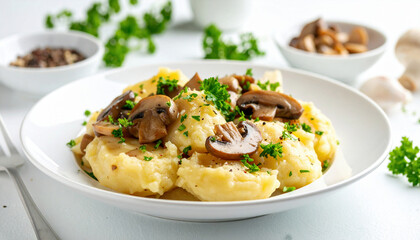 Creamy mashed potatoes topped with sautéed mushrooms and chopped parsley, served in a white bowl on a bright table setting.