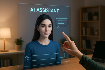 Woman interacting with AI assistant screen using touch interface in a futuristic tech scenario