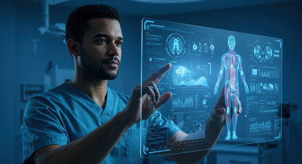 Medical technology interface displaying human anatomy as a doctor analyzes data. Medical technology facilitates diagnosis and treatment, providing insights into health conditions.