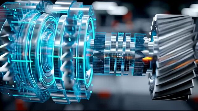 Futuristic rotating gear mechanism with digital data overlay. Perfect for technology, AI, industry 4.0, mechanical engineering, or innovation-related video projects and tech background footage.