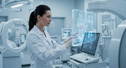 Healthcare technology featuring a female doctor interacting with futuristic medical interface in operating room. Healthcare technology advances with digital interfaces,