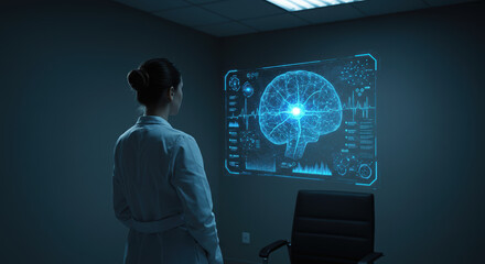 Scanning brain activity shown on hologram, a healthcare concept. Doctor analyses scanning brain structure on futuristic screen in laboratory. Concept scanning brain,