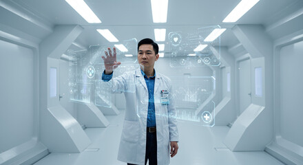 Futuristic medicine practitioner interacting with holographic display in a sterile, futuristic environment. Futuristic medicine involves an Asian doctor utilizing modern technology.