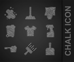 Set Dirty t-shirt, Rubber cleaner for windows, Dustpan, Cleaning spray bottle, Washing powder, Trash can, service and Water spill icon. Vector