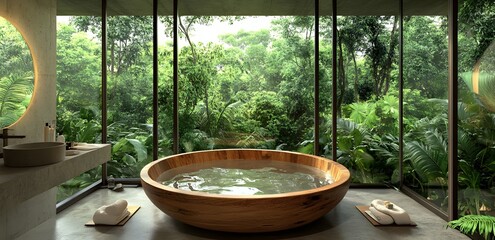 Fototapeta premium Luxurious wooden soaking tub in a modern bathroom with a stunning jungle view