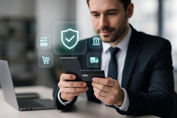 Obraz premium Businessman makes a secure online payment with a credit card on his smartphone for an e-commerce purchase with icons for banking and safe transactions.