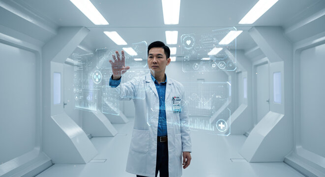 Futuristic medicine practitioner interacting with holographic display in a sterile, futuristic environment. Futuristic medicine involves an Asian doctor utilizing modern technology. - Powered by Adobe