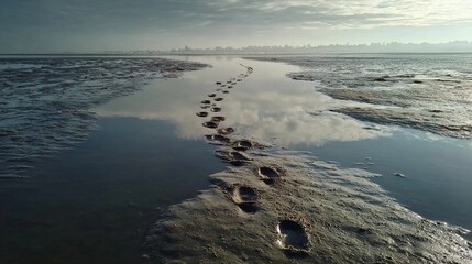 Footprints in the sand lead across a tidal flat reflecting the sky at low tide during sunrise