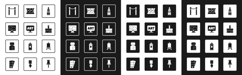 Set Tube with paint palette, Speech bubble text art, Computer monitor screen, Exhibition of paintings, Paint brush, Pencil sharpener, Easel boards and Paint, gouache, jar, dye icon. Vector