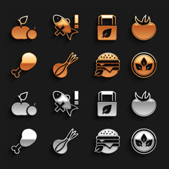 Set Onion, Tomato, Vegan food diet, Chicken leg, Shopping bag with recycle, Apple and No fish icon. Vector