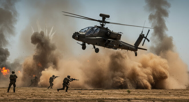 Military operation with attacking Apache helicopter amid explosions and dust. Ground troops execute military operation maneuvers as Apache helicopter provides air support.