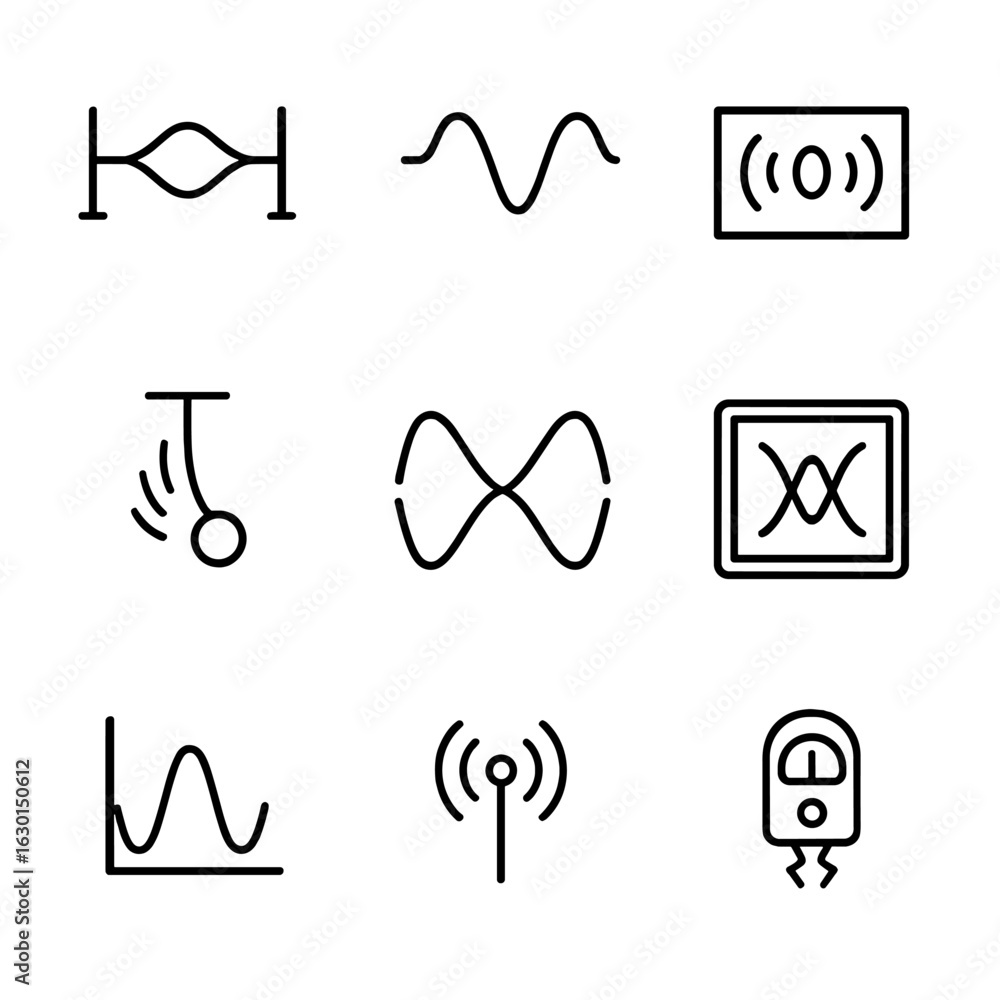 Poster wave mechanics icons. outline icon set of wave mechanics: vibrating string, harmonic wave, sound res