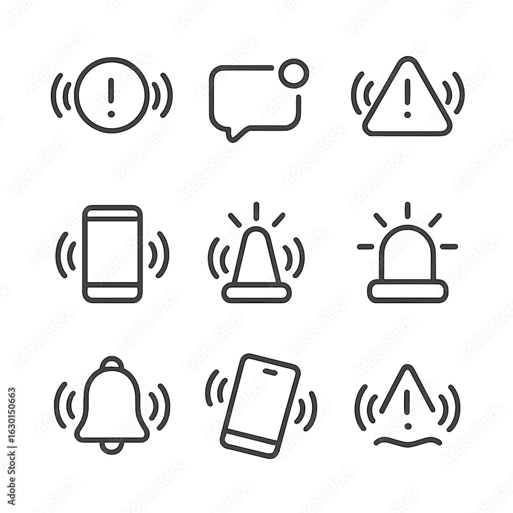 Poster wave signal icons. outline icon set of wave signals and alerts: alert wave, notification wave, warni