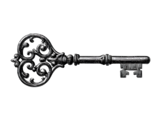  Minimal Line Art of Vintage Key with Ornamental Top and Jagged Bit Stylized Outline PNG